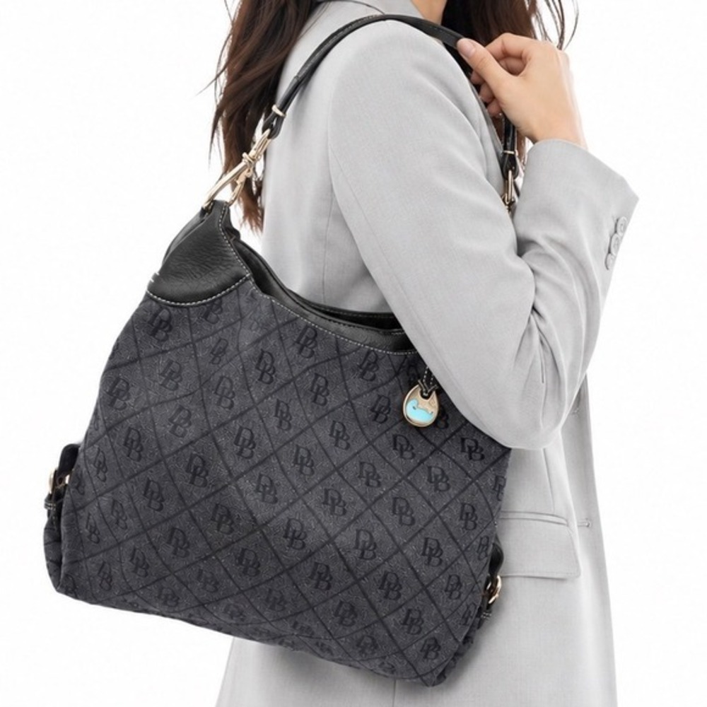 Dooney & Bourke Gray Monogram Hobo Bag Black Leather Trim‎ Blue Duck Charm 39-12